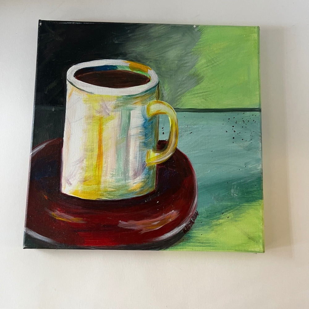 Still Life Acrylic Painting Coffee Mug Impressionist Canvas Art 12x12 signed